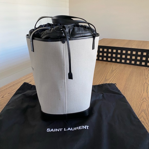 Saint Laurent Teddy White Coated Linen Drawstring Bucket Bag 551595 - Picture 6 of 6